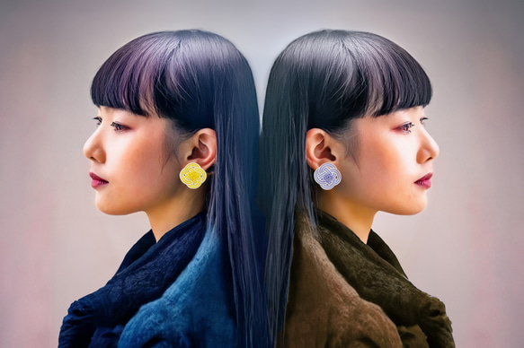 菜の花結びのイヤリング　-Yellow×Purple- 　■ピアス可■ 2枚目の画像