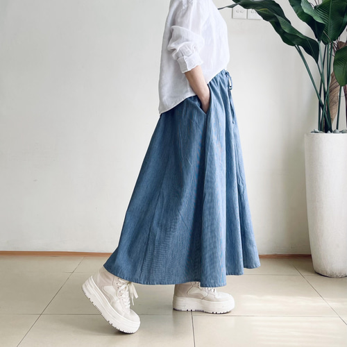 8枚はぎスカート♪加工デニム素材 ヒッコリーストライプ ロング