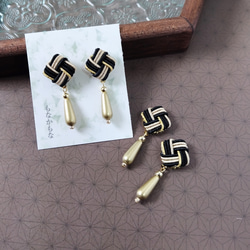 市松模様 黒】水引と艶消ビーズのピアス 樹脂ピアス イヤリング