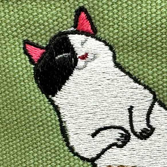 【特別セール限定】【送料無料】ヘソ天猫の刺繍 内ポケット付き厚手コットンミニトートバッグ＜グリーン＞ 3枚目の画像