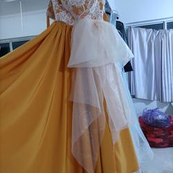 高質量！領連衣裙黃色蕾絲刺繡可拆卸雨披婚禮 第8張的照片