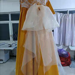高質量！領連衣裙黃色蕾絲刺繡可拆卸雨披婚禮 第7張的照片