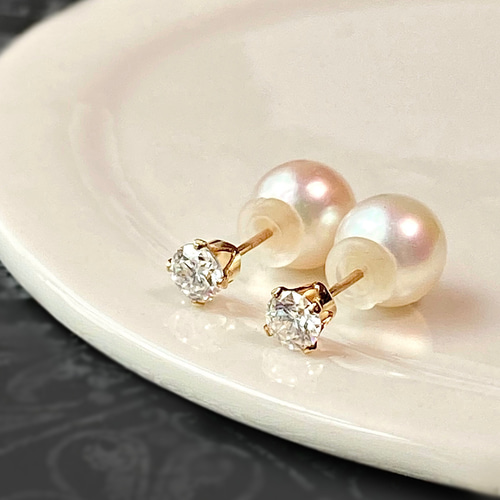 輝くモアサナイトダイヤモンドとあこや真珠キャッチの2wayピアス