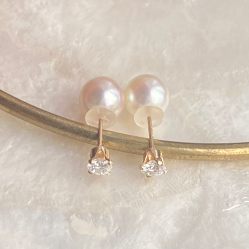 輝くモアサナイトダイヤモンドとあこや真珠キャッチの2wayピアス