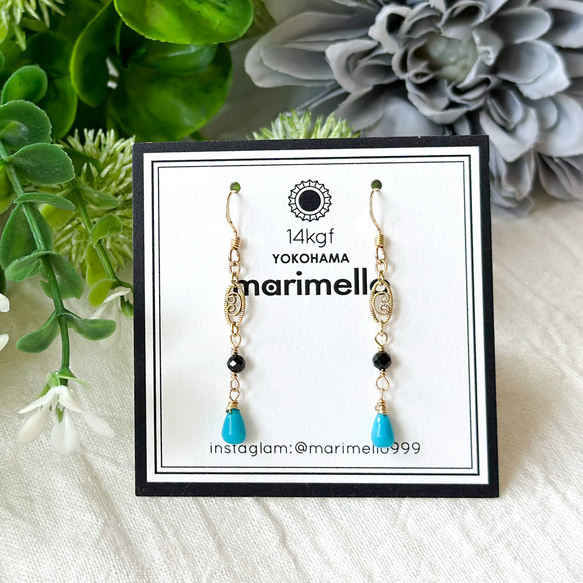 14kgf*スリーピングビューティーターコイズとブラックスピネルのピアス／イヤリング*天然石 3枚目の画像