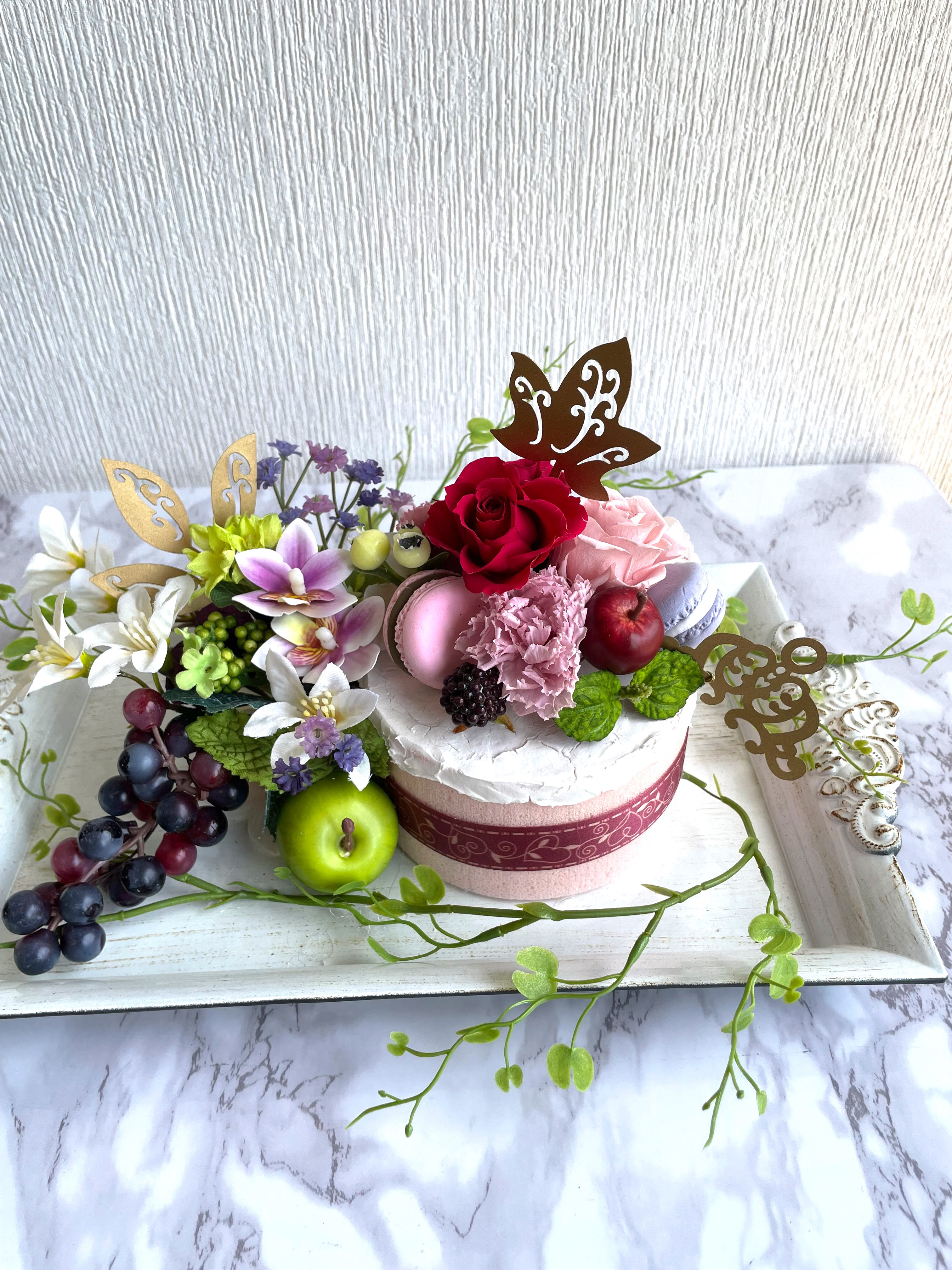 【クリーマー限定】フラワーケーキアレンジ・フラワースィーツ（ブリザーブドフラワー）Ａ
