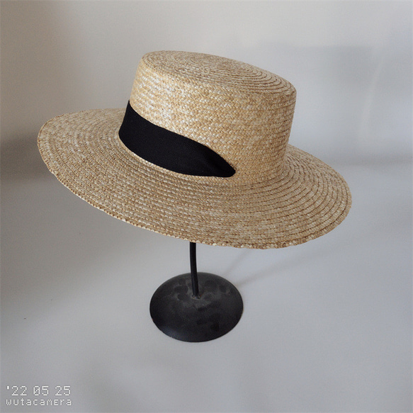 夏のフラットトップ麦わら帽子手編み太陽麦わら帽子海辺の休日の首ネクタイ日焼け防止ビーチ帽子 10枚目の画像