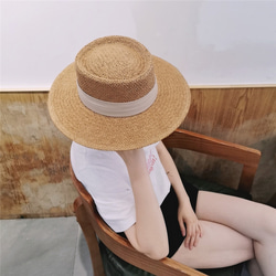 ニット麦わら帽子 夏の日焼け対策 日よけ帽子 広い庇 フラットトップ帽子 海辺 ビーチハット 日よけ帽子 日よけ帽子 8枚目の画像