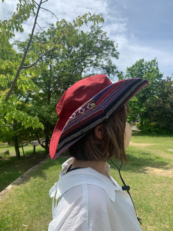 サファリハット（エンジ チノクロス）アウトドア向け 7枚目の画像