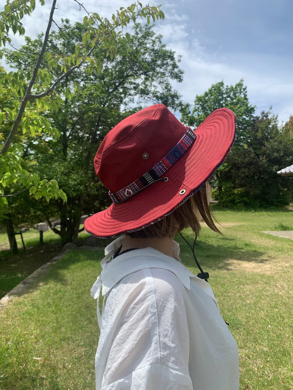 サファリハット（エンジ チノクロス）アウトドア向け 5枚目の画像