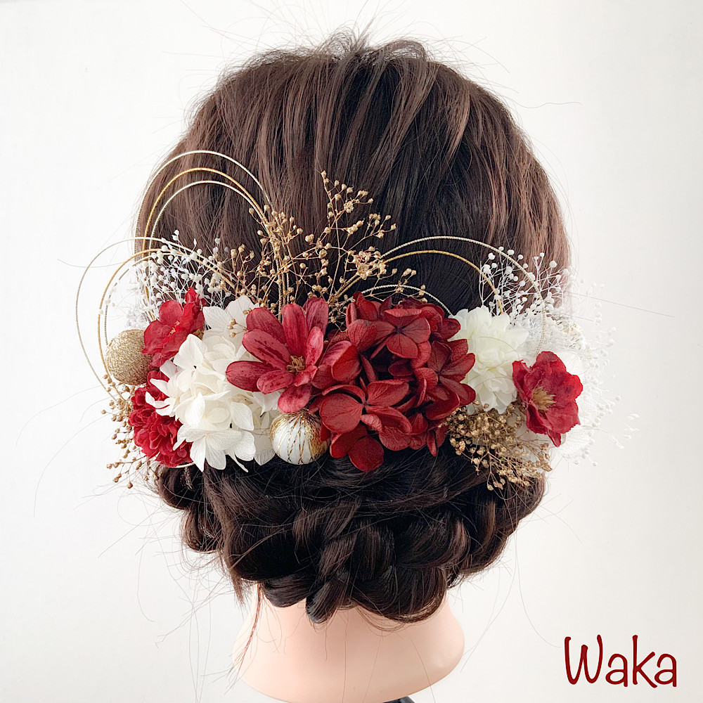 成人式 髪飾り｜赤×ゴールド 水引 ドライフラワー 和装ヘアアクセ 振袖/M1