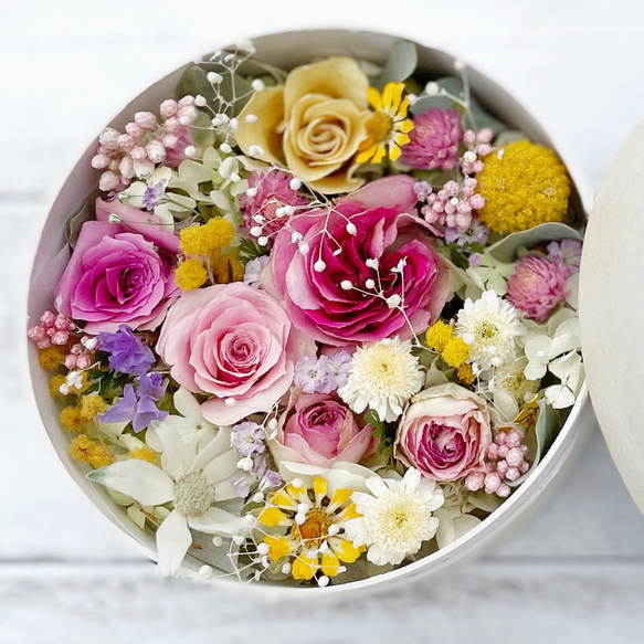 フラワーボックス✳︎丸い花箱✳︎バラの玉手箱✳︎プレゼント✳︎花材セット✳︎ピンク 2枚目の画像