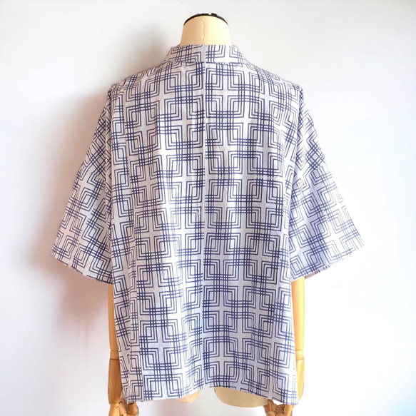 オープンカラー　シャツ【送料無料】浴衣リメイク　ブルー 3枚目の画像