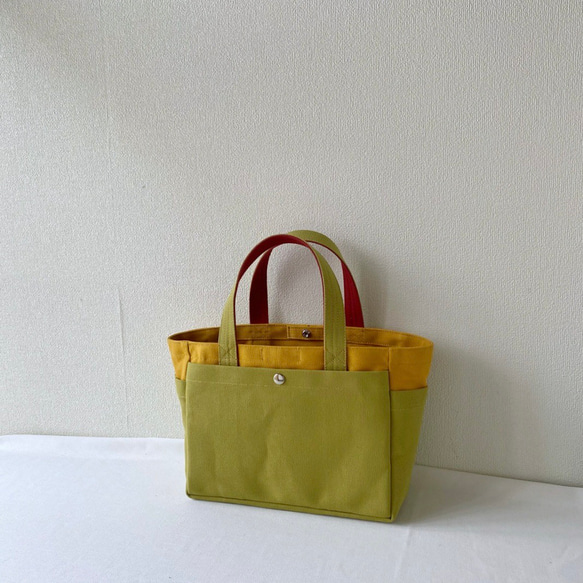 「Box Tote」小號「芥末 x 黃雀綠 x 峽谷紅」/倉敷帆布尺寸 8 [客製] 第1張的照片