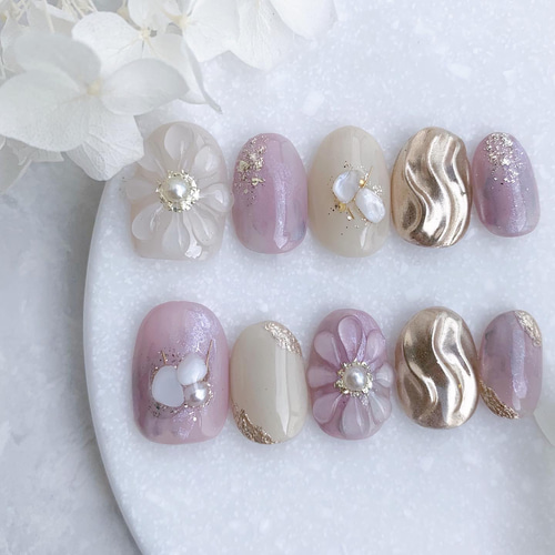 水彩ネイル⧉ぷっくりフラワーネイル⧉ラベンダーネイル【サイズ