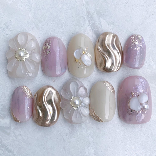 水彩ネイル⧉ぷっくりフラワーネイル⧉ラベンダーネイル【サイズ