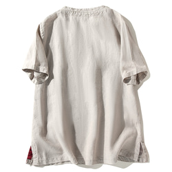 リネンシャツ　リネン半袖Tシャツ　可愛いノットボタン　丸襟　レトロ　サンドウォッシュM-XLサイズ　ベージュL210BE 2枚目の画像