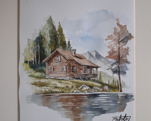 水彩画 山小屋ログハウスの風景 絵画 makochin 通販｜Creema ...