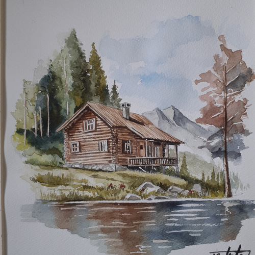 水彩画 山小屋ログハウスの風景 絵画 makochin 通販 15867330