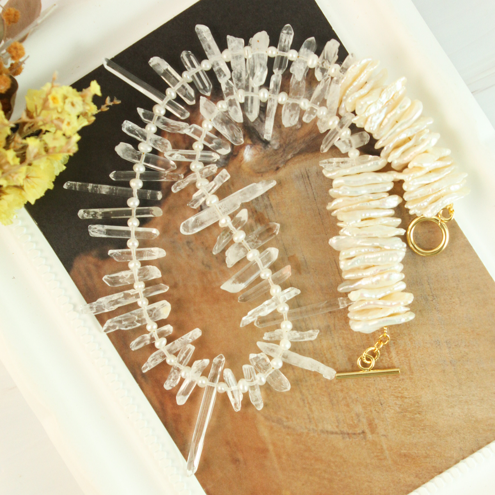 【１個限定】クリスタル 氷柱カット パール チョーカー