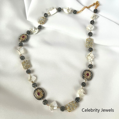 ネックレス 貝パール キュービックジルコニア ブラックマーカサイト  