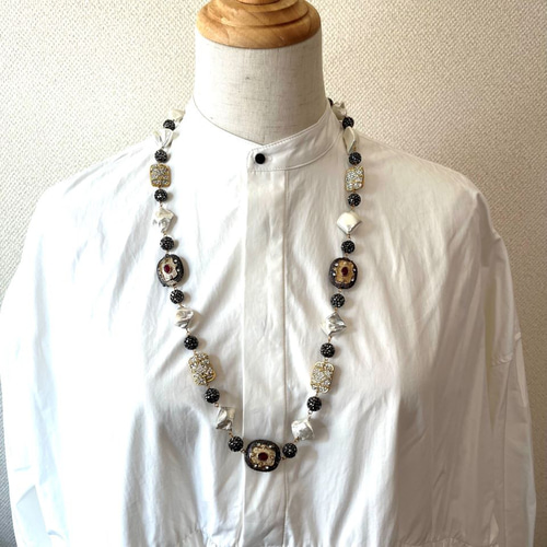 ネックレス 貝パール キュービックジルコニア ブラックマーカサイト  