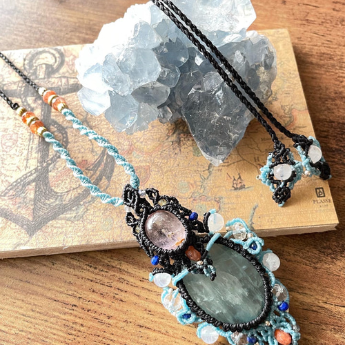 アクアマリン✖️クォーツ マクラメネックレス ペンダント 天然石  