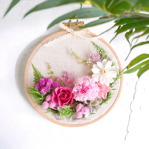 ローズガーデン刺繍アレンジ/プリザーブドフラワー壁飾り（無料ギフト