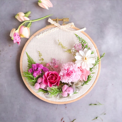ローズガーデン刺繍アレンジ/プリザーブドフラワー壁飾り（無料ギフト