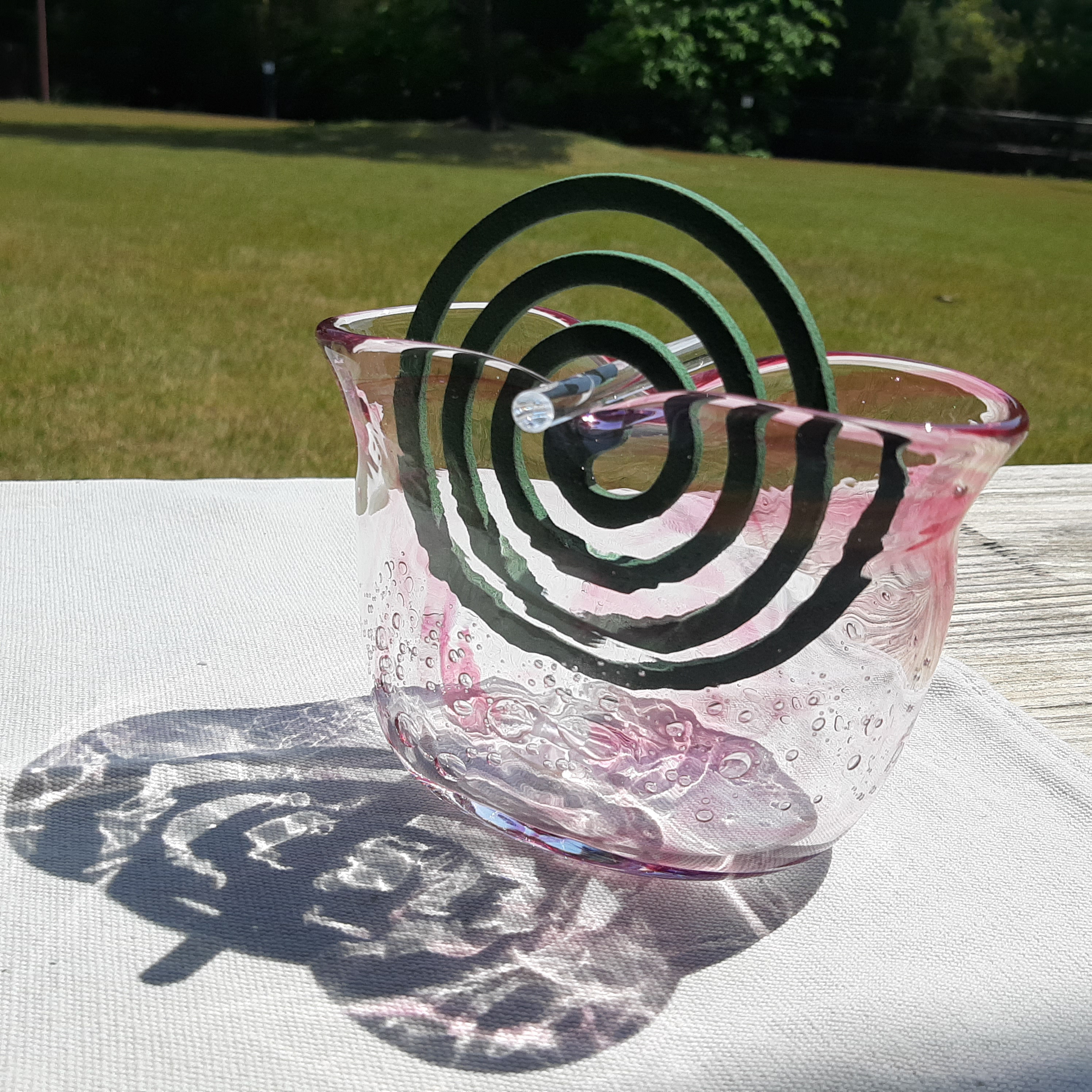 ガラスの蚊取り線香立て＊蚊遣　花器　マゼンタピンク・泡  手作り一点物　涼やか