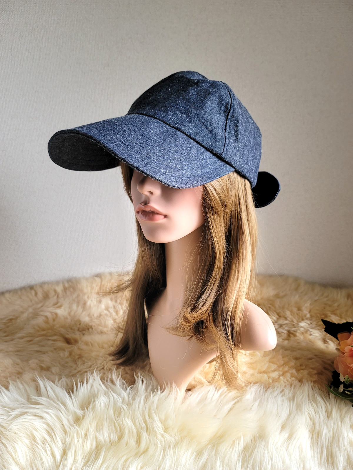ネップデニム★大きい帽子★つば広バージョン★メンズ感を出さない★大人の女子 リボン キャップ