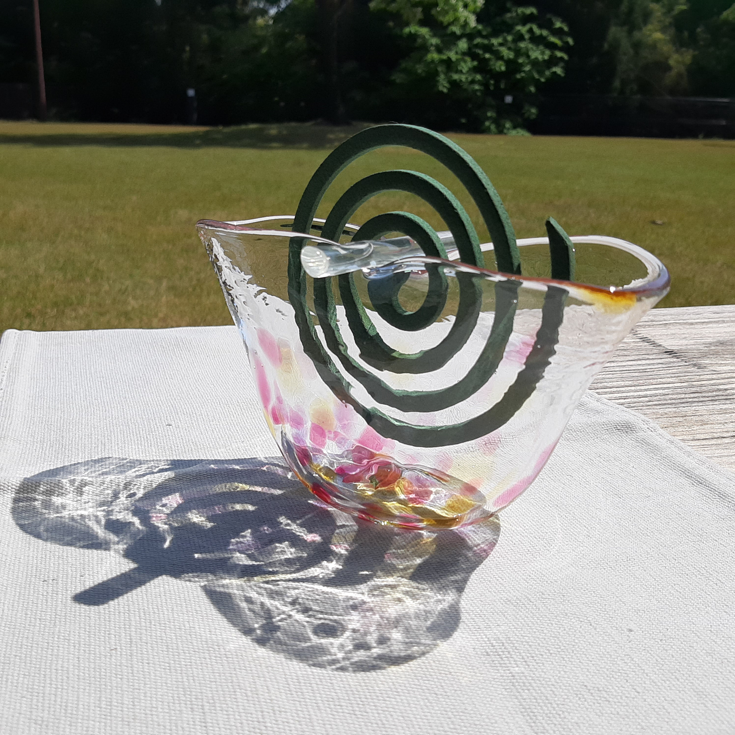 ガラスの蚊取り線香立て＊蚊遣　花器　マゼンタピンク・ライトブラウン  手作り一点物　華やか