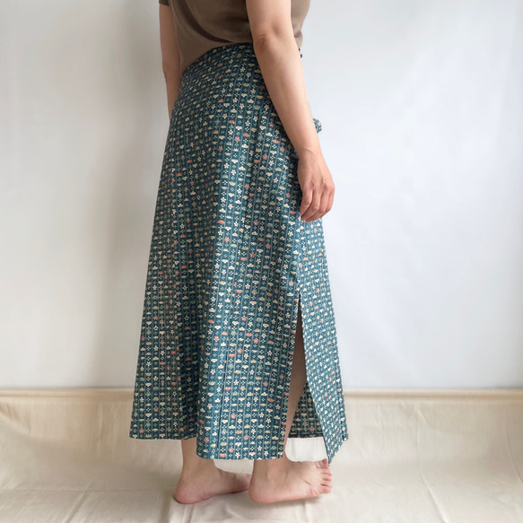 【1点もの】四角布のスカート 着物リメイク -絹 紬 着物地 青緑に松竹梅 SK299 5枚目の画像