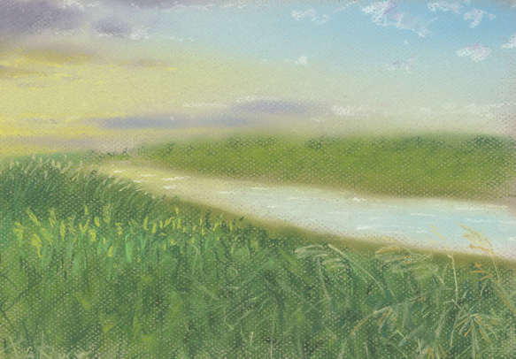 河のある風景：秋（パステル画・マット紙付き） 2枚目の画像