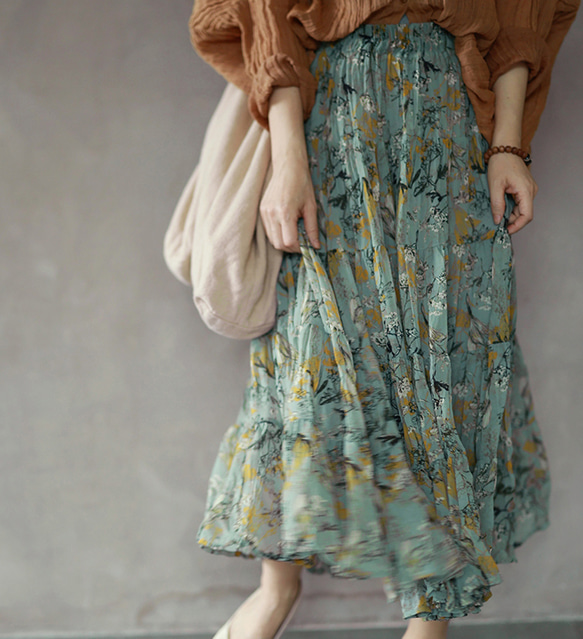 夏の花柄スカート　ギャザースカート 　ロングスカート 4枚目の画像