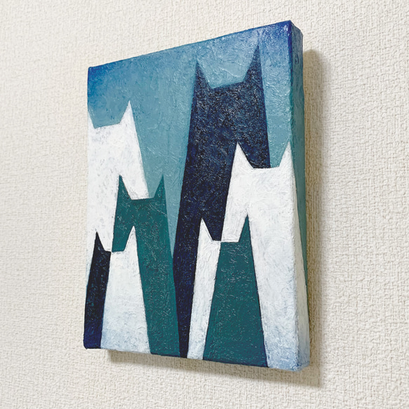 原画 油絵 ねこ山脈 猫のアート 抽象画  F0号 グリーン×ホワイト モダンアート 3枚目の画像