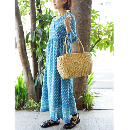 即納可】カシュクール・フラワープリント・ワンピ（NK23-009‐blue  