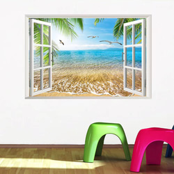 ウォールステッカー SH44 3D窓　海　砂浜　旅行　インパクト　DIY 壁紙　インテリアシート　剥がせるシール 3枚目の画像