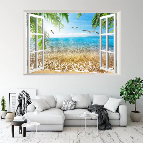 ウォールステッカー SH44 3D窓 海 砂浜 旅行 インパクト DIY 壁紙