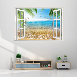 ウォールステッカー SH44 3D窓　海　砂浜　旅行　インパクト　DIY 壁紙　インテリアシート　剥がせるシール 4枚目の画像
