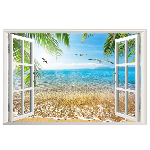 ウォールステッカー SH44 3D窓　海　砂浜　旅行　インパクト　DIY 壁紙　インテリアシート　剥がせるシール 5枚目の画像