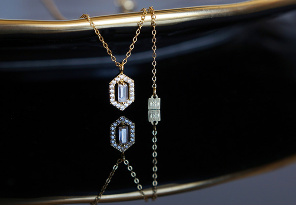 【Sterling Silver925】Art Deco Long Hexagon Pave CZ Necklace 1枚目の画像