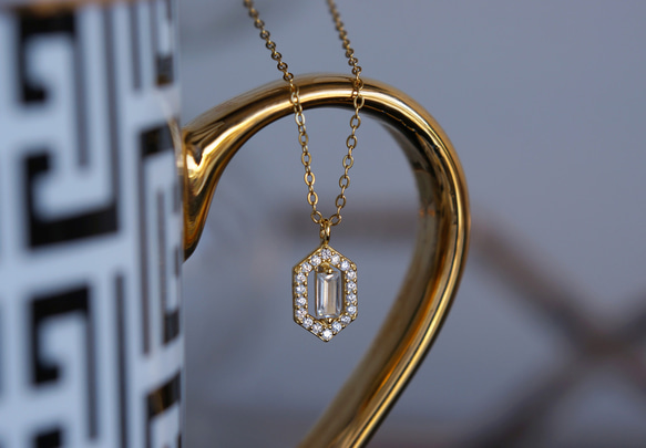 【Sterling Silver925】Art Deco Long Hexagon Pave CZ Necklace 10枚目の画像