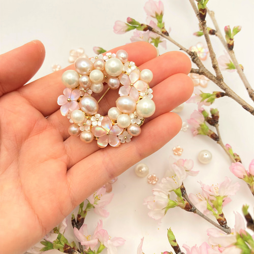 雫桜* 2way 淡水パールと宝石質スイスブルートパーズのブローチ