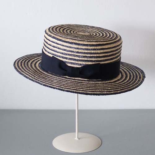麦わら帽子 ストライプ カンカン帽 ネイビー【St Canotier 麦わら帽子 ストライプ カンカン帽 ネイビー【St Canotier