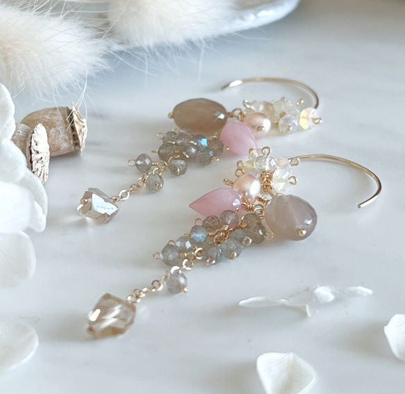 14kgf】コーヒームーンストーン×グァバクォーツ＊フープピアス ピアス