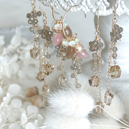 14kgf】コーヒームーンストーン×グァバクォーツ＊フープピアス ピアス