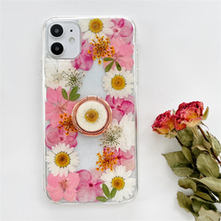 『千鳥草＆紫陽花』iPhone14Pro/SE/Xperia10IV/GALAXYS23 スマホリング 押し花ケース 4枚目の画像