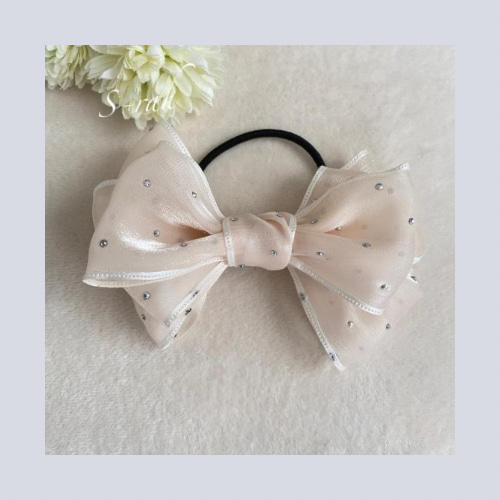 ラインストーン付きシアーリボン♡ 《ピンク.オフホワイト》 ヘアゴム