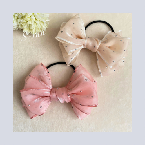 ラインストーン付きシアーリボン♡ 《ピンク.オフホワイト》 ヘアゴム